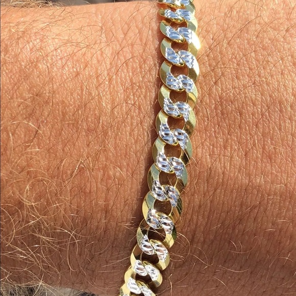Mens Cuban Bracelet Diamond Cut Two Tone - Picture 2 of 7